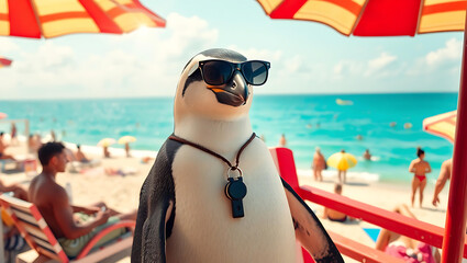 Penguin lifeguard at a beach