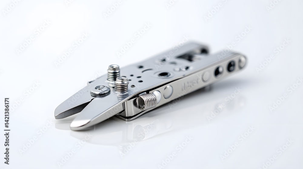 Aufkleber close up of a metal hole puncher tool with intricate mechanisms and a sharp focused appearance again