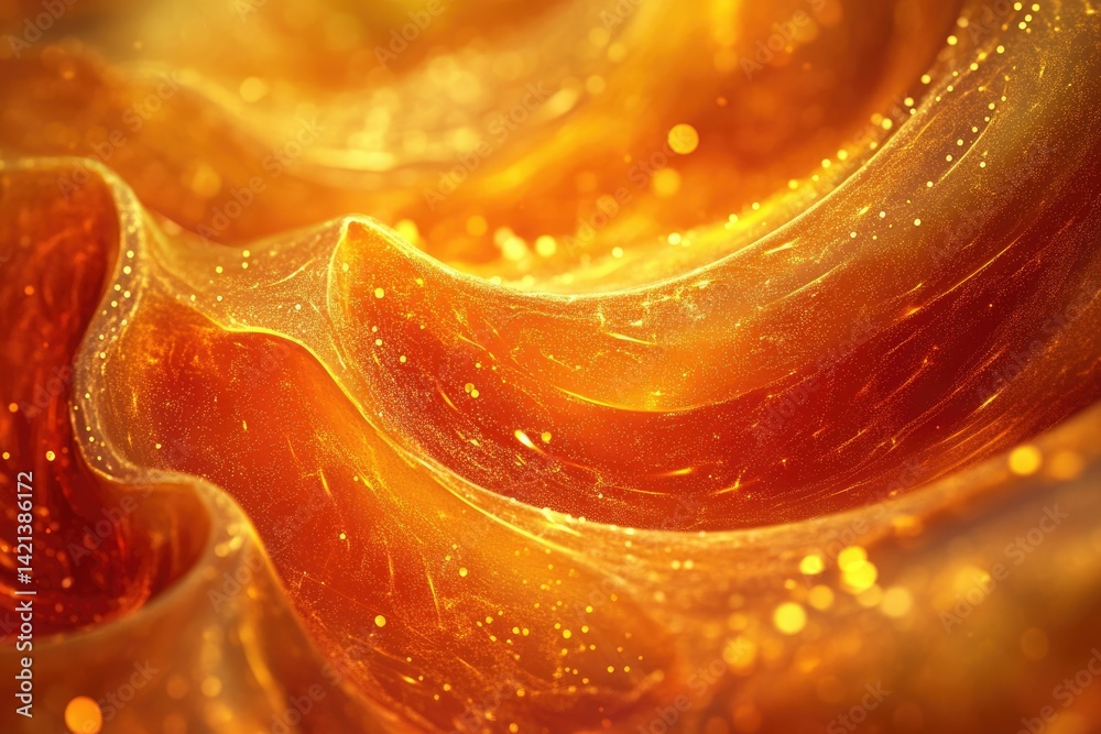Poster Abstract image of flowing, golden, luminous liquid with shimmering particles, creating a mesmerizing, wavy texture.
