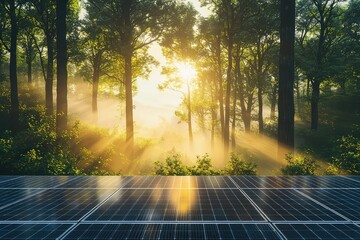 Solar panels in a foggy forest during sunrise. Atmospheric and cinematic mood. Clean energy concept with strong visual appeal. Ideal for ads and articles. AI generated image.