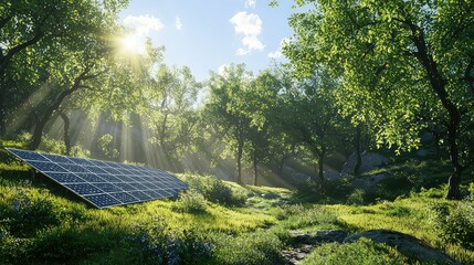 Wide view of solar panels on a sunny hillside in a green forest. Clean energy concept with photorealistic look. Ideal for editorial and sustainability topics. AI generated image.