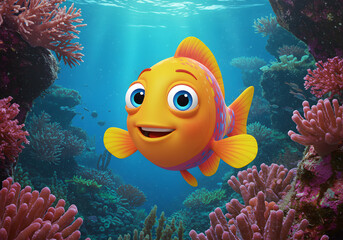 Obraz premium A cartoon fish is smiling and swimming in a coral reef. The fish is yellow and pink, and it is surrounded by pink coral. The scene is bright and cheerful, and it conveys a sense of happiness