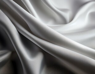 A smooth, flowing silver satin fabric draped elegantly, showcasing its soft texture.