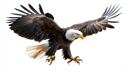Obraz premium Majestic bald eagle in mid-flight with wings spread wide.