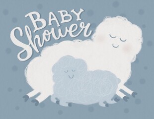 Adorable sweet Baby Shower illustration with farm animals (mommy sheep, cute lamb) on pastel blue background.
