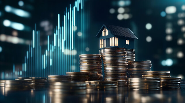 Miniature house balanced atop stacks of gold coins with a glowing upward-trending graph in the background, symbolizing real estate investment growth and financial prosperity