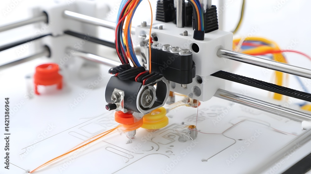 Aufkleber close up view of a 3d printer extruder head depositing layers of pla filament onto a white studio ba