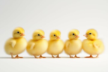 Fototapeta premium Five adorable yellow ducklings standing in a row on a light background.