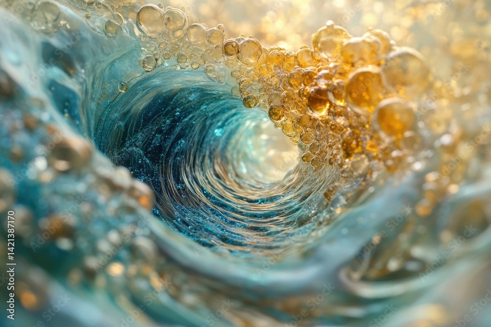 Poster a mesmerizing close-up of an ocean wave, captured with vibrant colors and intricate details, showcas