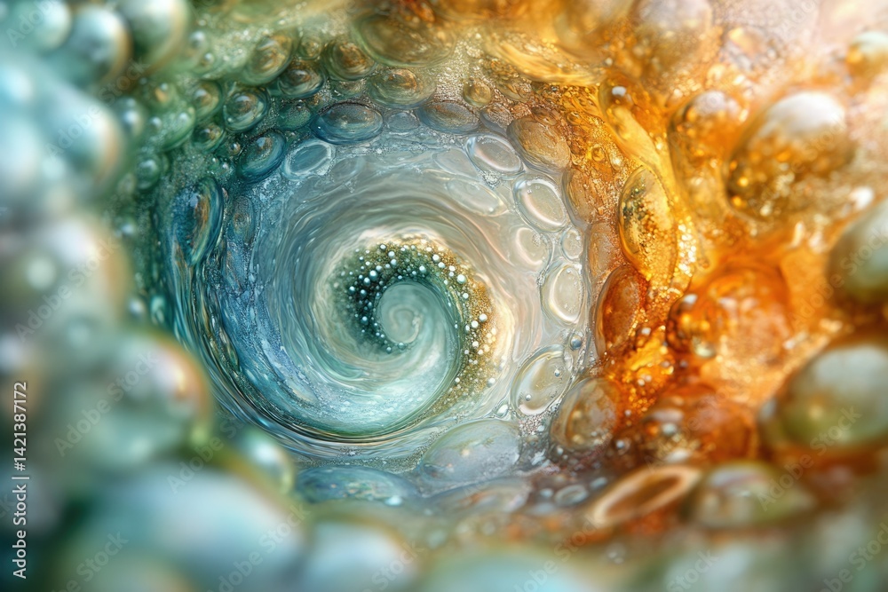 Poster abstract swirling vortex of teal and gold, textured with glistening bubbles and shimmering particles