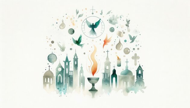 Watercolor illustration of pentecost sunday with holy spirit doves and church buildings