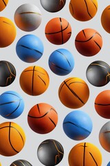 A pattern of basketballs in various colors and sizes. Concept of playfulness and fun, as the basketballs are scattered across the background in a playful manner