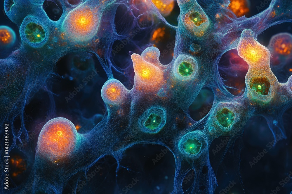 Poster microscopic view of interconnected cells, glowing with vibrant orange and teal hues, exhibiting intr