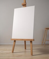 Wooden easel legs and base supporting a large blank canvas ,  object,  surface,  backdrop