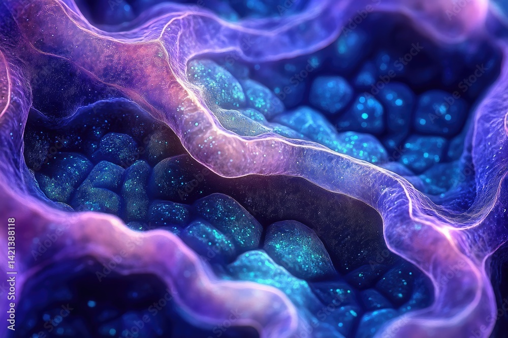 Poster abstract microscopic image depicting a vibrant, bioluminescent cellular structure with glowing, text