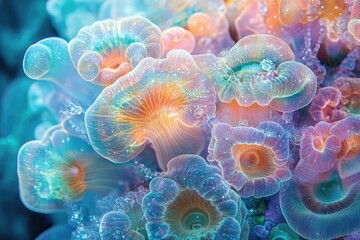 Vibrant, iridescent coral polyps bloom in an underwater paradise, showcasing intricate textures and mesmerizing colors.