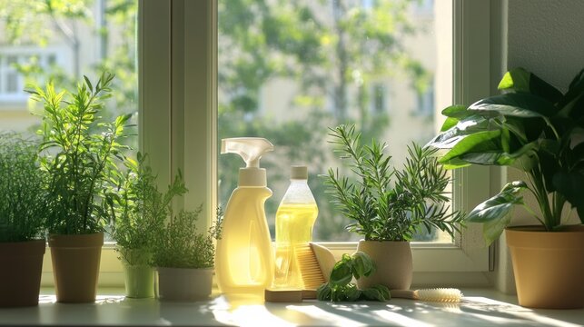 Windowsill garden with cleaning supplies