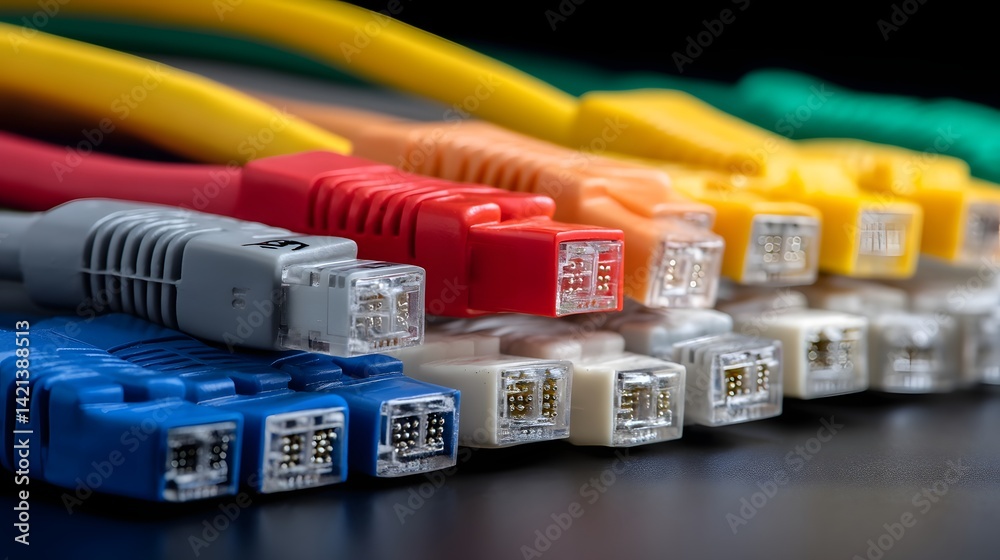 Poster Close up view of a bundle of multicolored Ethernet network cables with textured connectors showcasing the technology and infrastructure of digital communication