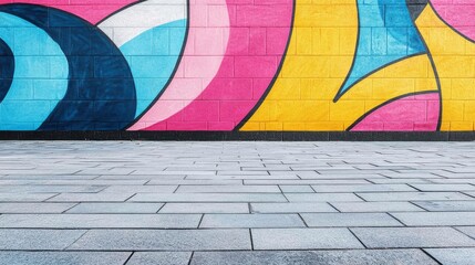 Colorful abstract shapes decorate a brick wall above stone pavement