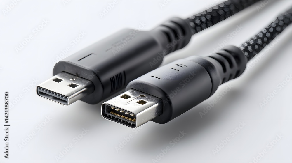 Aufkleber Close up view of a dual ended USB A to USB C cable with both connector tips facing the on a clean white studio backdrop