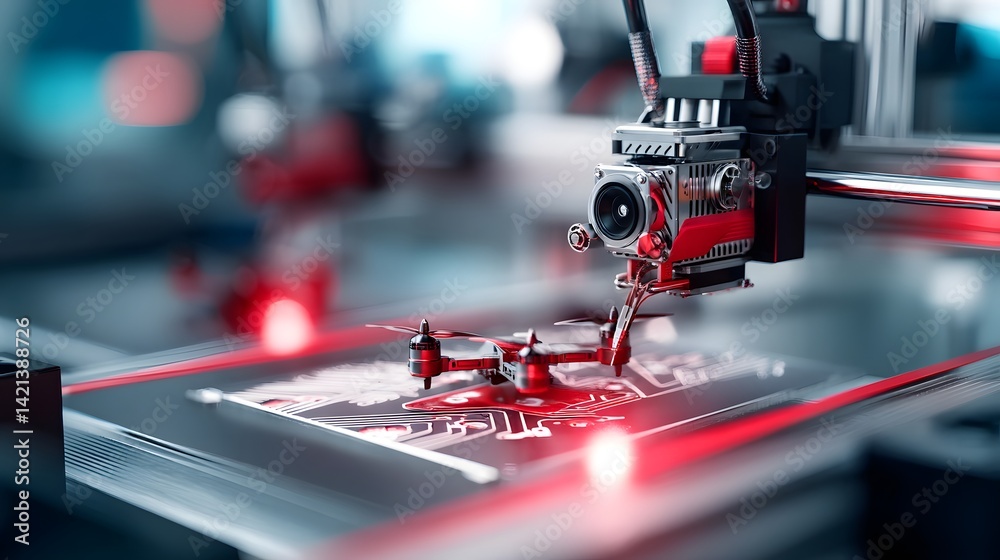 Poster Close up view of a 3D printer precisely manufacturing custom electronic components with sharp professional lighting