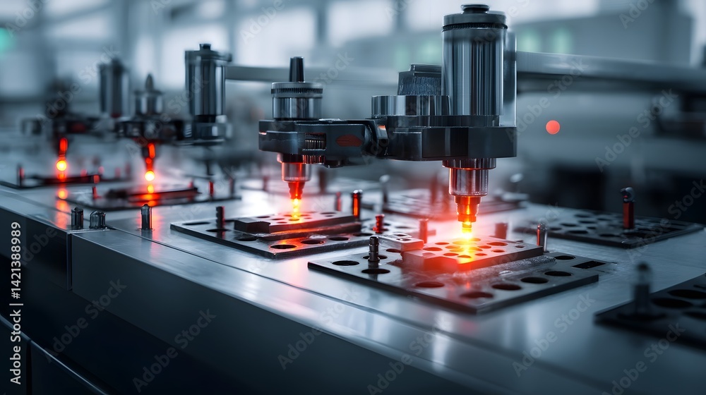 Aufkleber close up view of a metal 3d printing nozzle with a glowing red hot tip set against a studio white ba