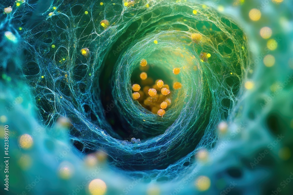 Aufkleber microscopic view of intricate cellular network with vibrant teal and gold spheres at its core.