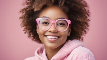 young smiling mulatto woman with wavy afro hair in pink glasses shows joy and happiness