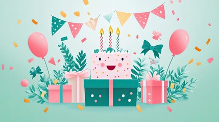 Fototapeta premium Happy Birthday Celebration Delightful Cake Gifts Balloons Festive Decorations Pastel Colors Joyful Party