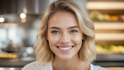 Portrait of happy beautiful stylish blonde millennial woman wearing casual outfit posing at home