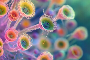 Microscopic, vibrant, colorful structures resembling flowers with intricate details, possibly cellular or fungal in nature.