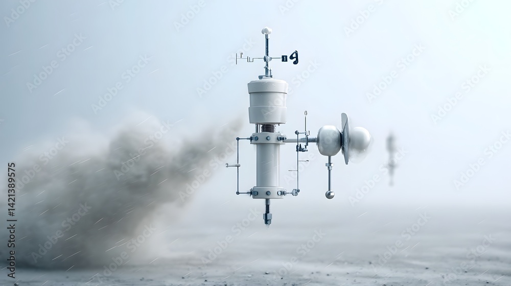 Poster close up view of an anemometer device spinning rapidly as it measures and records high wind speeds a