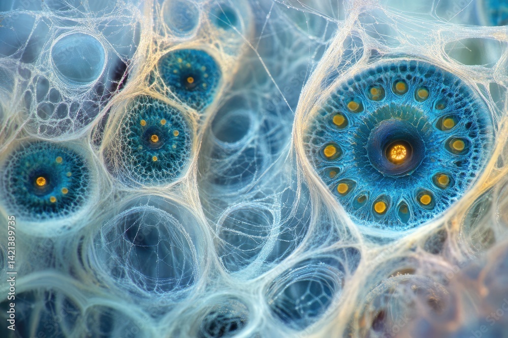 Leinwandbilder intricate web-like structure with vibrant blue circular elements, resembling a microscopic organism 