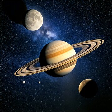 planet in space, saturnus in space, satellites and saturnus