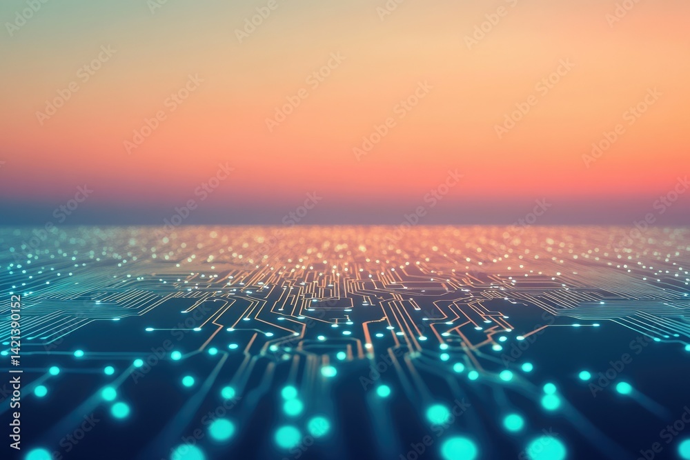 Poster glowing circuit board extending to a sunset horizon, symbolizing technological advancement and conne