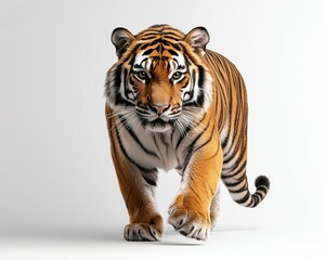 Obraz premium Majestic tiger walking confidently with striking stripes and intense gaze.