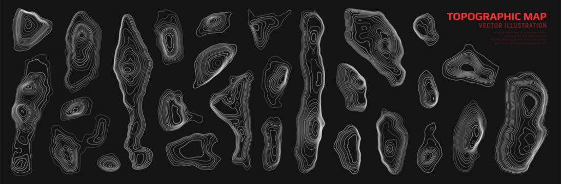 Set of geographic contour map elements with wavy geometric texture. Topographic map. Vector elevation lines with terrain patterns.