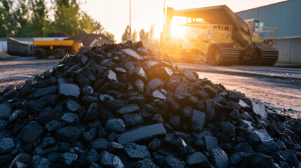 Pile of crushed asphalt glowing under morning sunlight, layered shadows and machinery traces conveying the story of ecological responsibility in urban infrastructure