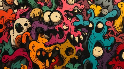 Chaotic cartoon monsters gather in colorful illustrated pileup design