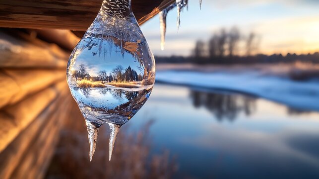 A crystal-clear icicle hanging from the edge of a wooden roof, capturing the reflections of a snowy landscape in its surface, with soft winter light creating a magical effect. - Powered by Adobe