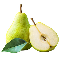 Pear with leaf isolated png. Green pear with a half on transparent background. PNG format. Pear with slice no background. Full depth of field.