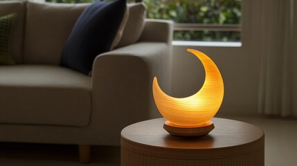 Crescent moon lamp glowing softly in a living room ambient light illuminating a round side table next to a couch cozy home decor 