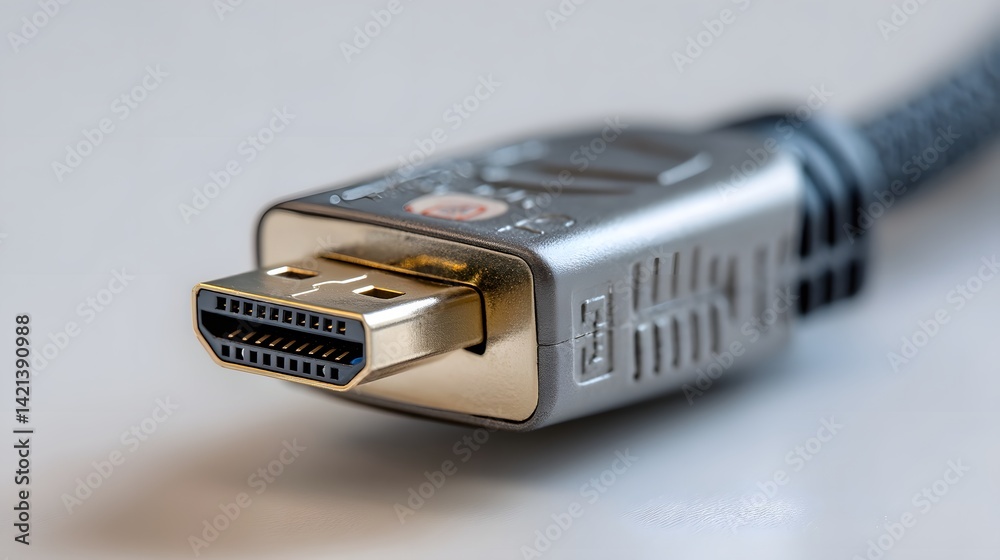 Poster closeup view of a sleek silver displayport connector with a braided data transfer cable isolated on 
