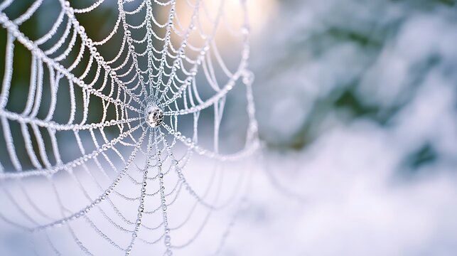 A delicate close-up of frozen dew drops on a spiderweb, the intricate web shimmering like crystals against a blurred snowy background.