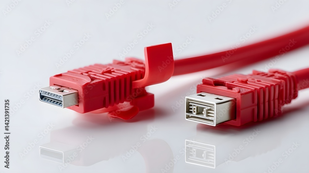 Poster detailed close up image of a bright red data cable with a prominent locking clip against a plain whi