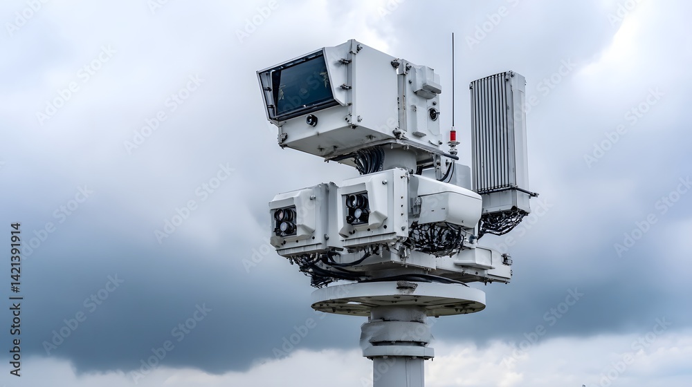 Poster Detailed close up view of a highly advanced weather radar system monitoring the atmosphere and gathering critical data during a powerful thunderstorm