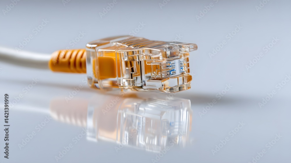 Aufkleber Detailed close up view of a clear shiny RJ45 Ethernet cable connector against a plain white studio background with professional lighting to highlight the design and materials