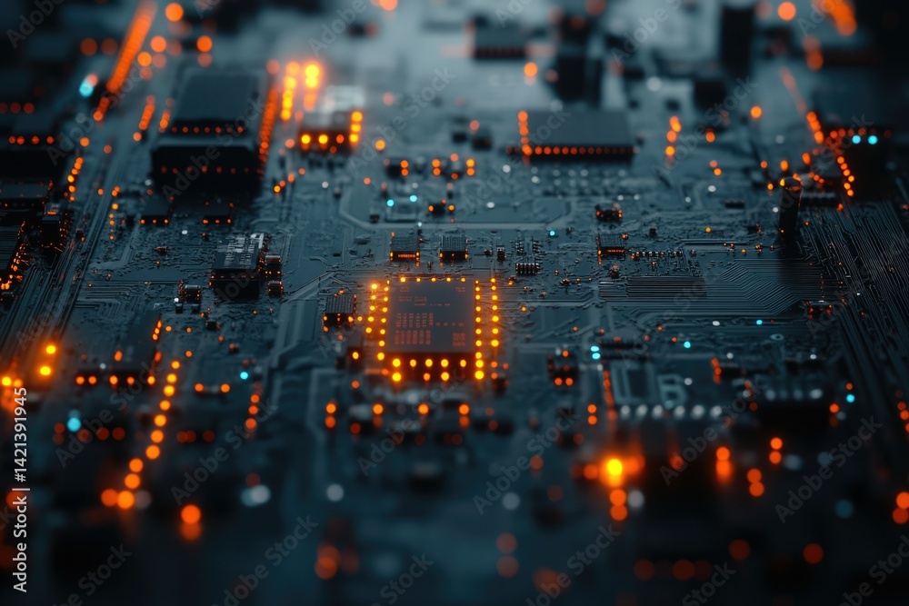 Poster Close-up of a futuristic circuit board with glowing components, showcasing intricate technological details.