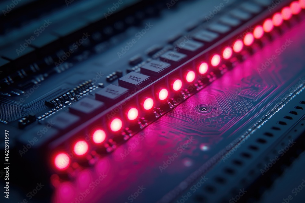 Poster Close-up of a circuit board with glowing LEDs, showcasing intricate circuitry and technological advancement.