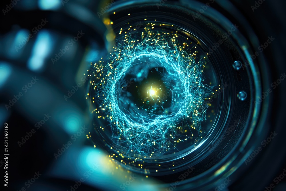 Poster Abstract teal and gold particle ring seen through a camera lens, representing digital data visualization or a technological breakthrough.